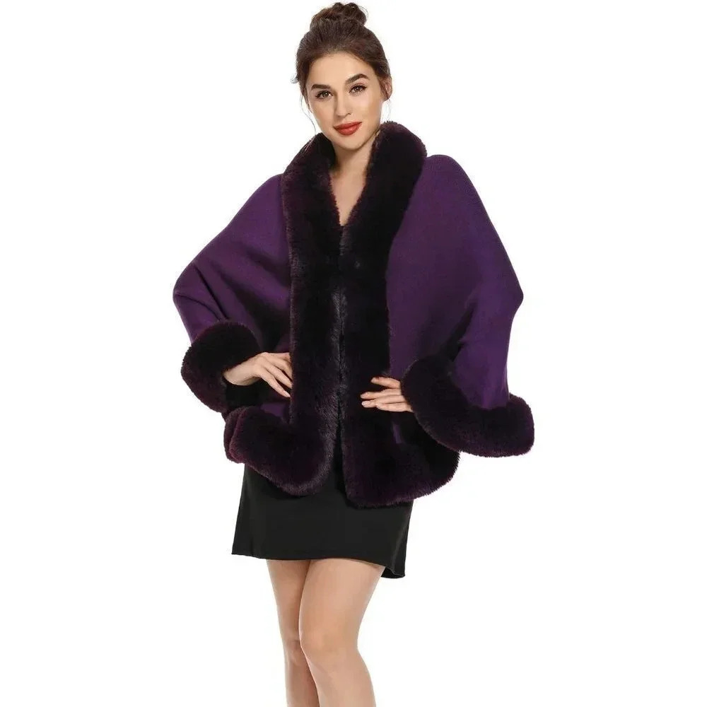 Zlyc Women Winter Faux Fur Shawl Stole Warm Wrap Cape -  Purple